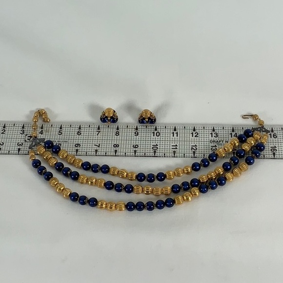 Vintage Bead Necklace Sapphire Blue Moon Glow and Gold - Clip Cluster Earrings - Picture 14 of 14